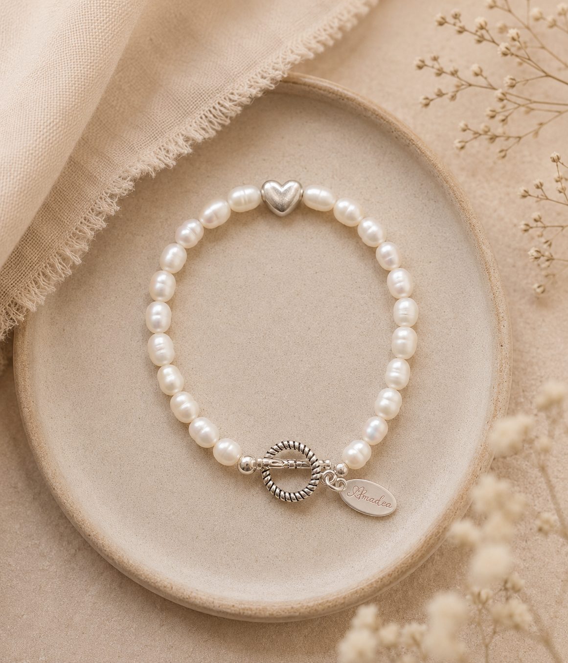 Love's Embrace Silver Heart Pearl Bracelet